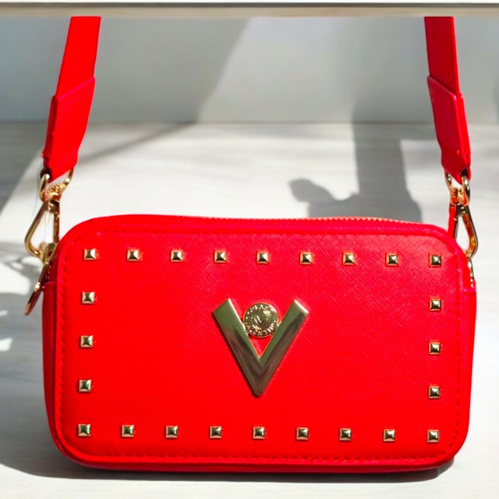 Valentino Orlandi Crossbody Camera Bag Red w/Gold Studding Retail $159 NWT